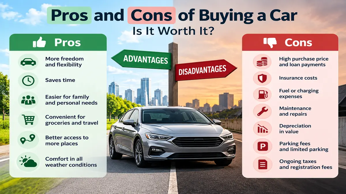 Pros and cons of buying a car infographic showing the main benefits and costs of car ownership.