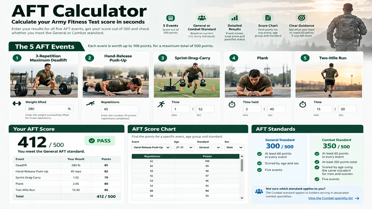 AFT Calculator infographic showing the five Army Fitness Test events, score breakdown, AFT score chart, and General and Combat standards