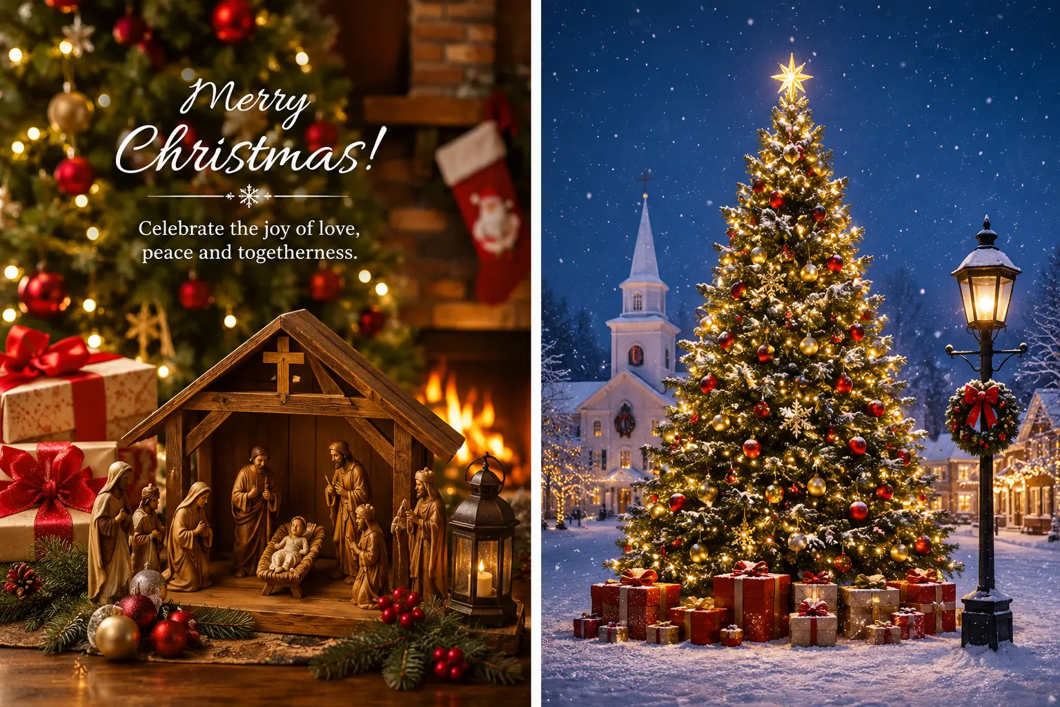 Christmas celebration with decorated tree and festive lights