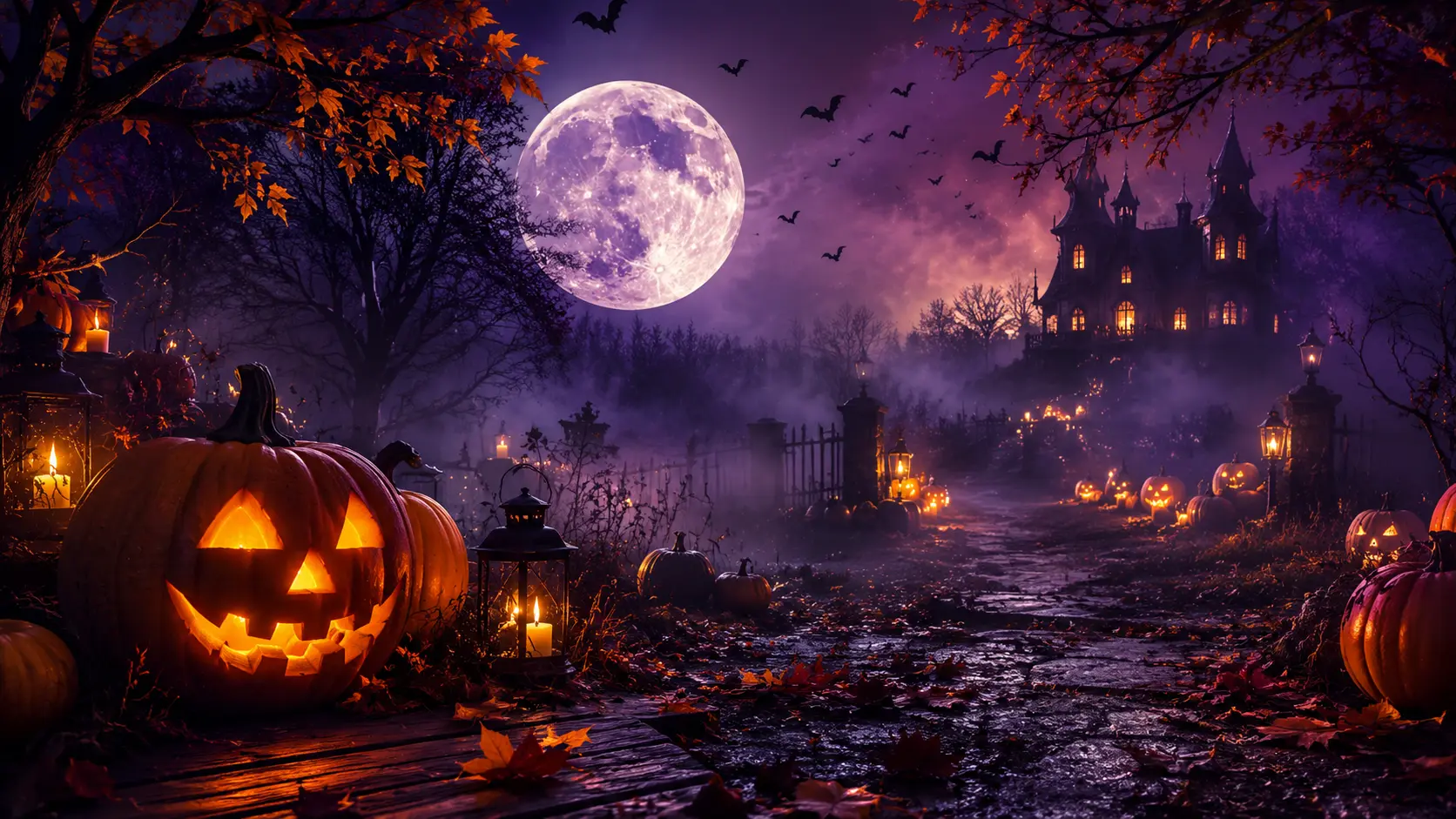 Premium Halloween celebration scene with moonlight, costumes, pumpkins, and warm autumn decorations
