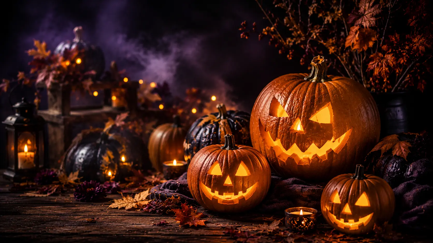 Carved Halloween pumpkins glowing with orange candlelight for a jack-o'-lantern tradition