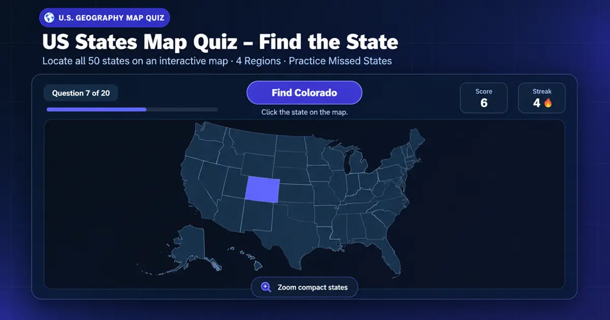 US States Map Quiz challenge preview showing Colorado highlighted on the U.S. map
