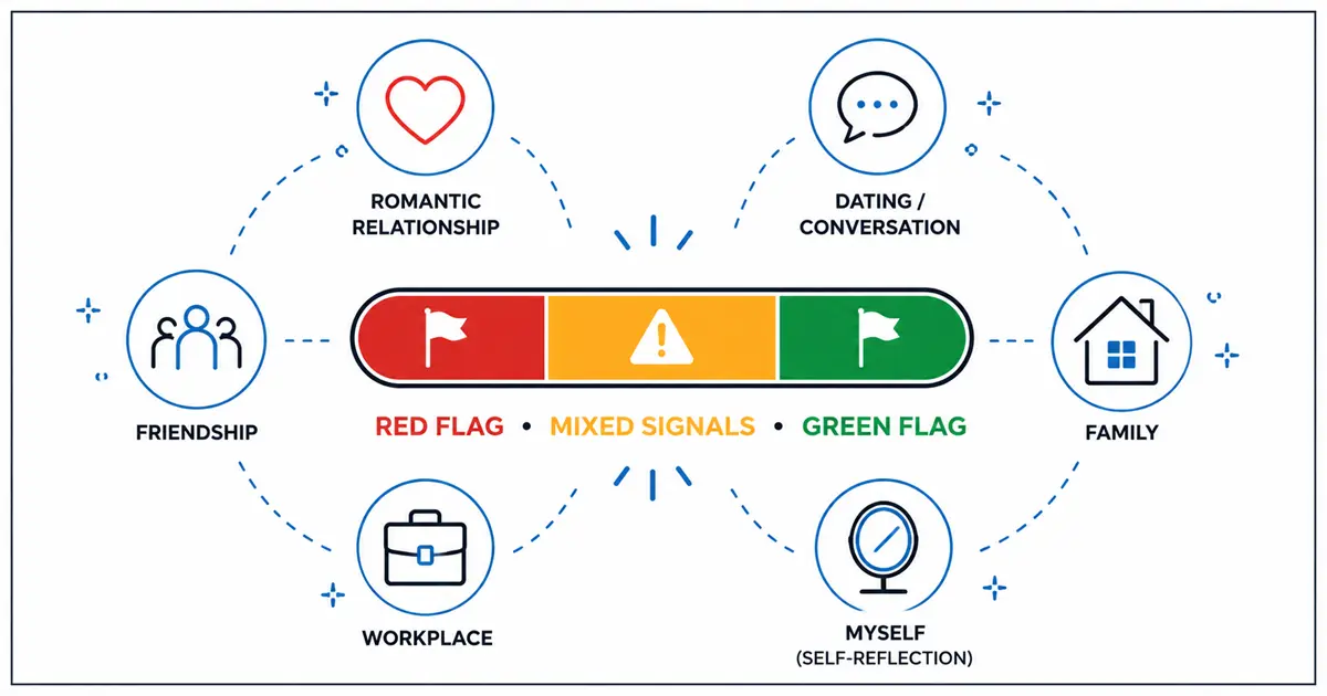 Red Flag or Green Flag relationship test infographic showing romantic, dating, friendship, family, workplace and self-reflection relationship signals